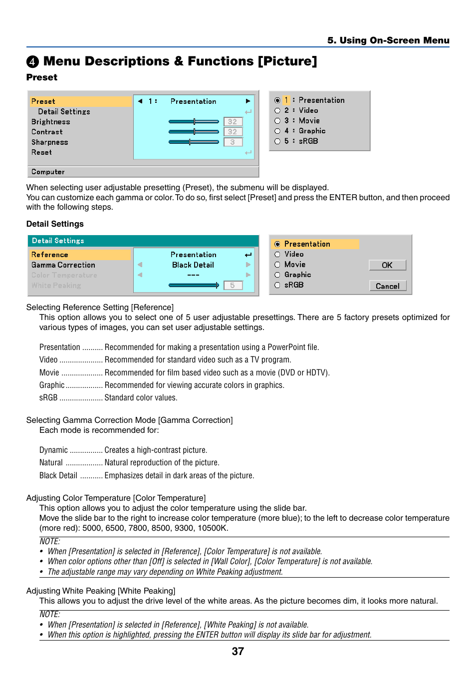 4) menu descriptions & functions [picture, Preset, Menu descriptions & functions [picture | Dukane 8762 User Manual | Page 45 / 70