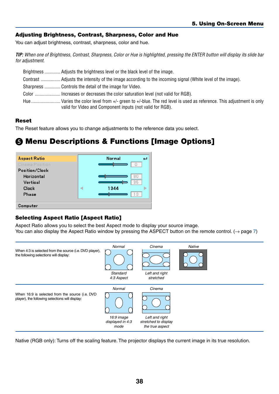 Reset, 5) menu descriptions & functions [image options, Selecting aspect ratio [aspect ratio | Menu descriptions & functions [image options | Dukane 8762 User Manual | Page 46 / 70