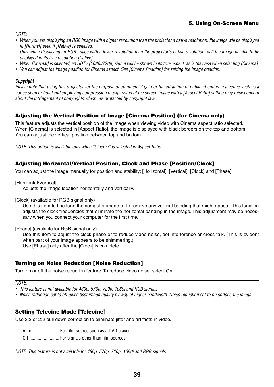 Tur ning on noise reduction [noise reduction, Setting telecine mode [telecine | Dukane 8762 User Manual | Page 47 / 70