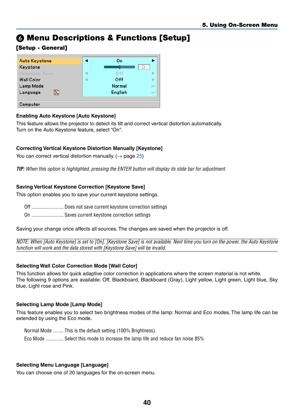6) menu descriptions & functions [setup, Setup - general, Menu descriptions & functions [setup | Dukane 8762 User Manual | Page 48 / 70