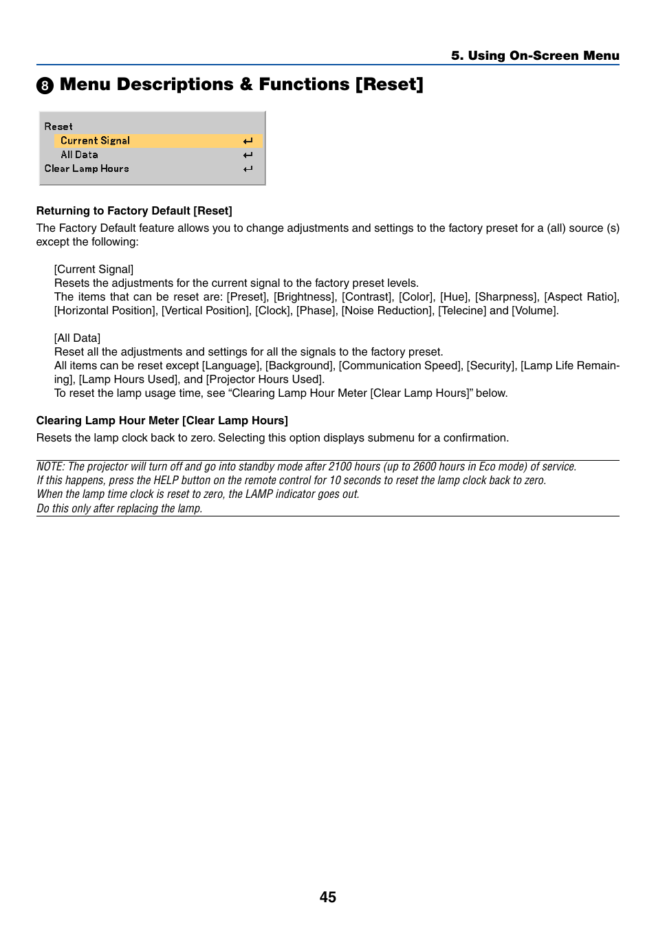 8) menu descriptions & functions [reset, ᕨ menu descriptions & functions [reset | Dukane 8762 User Manual | Page 53 / 70