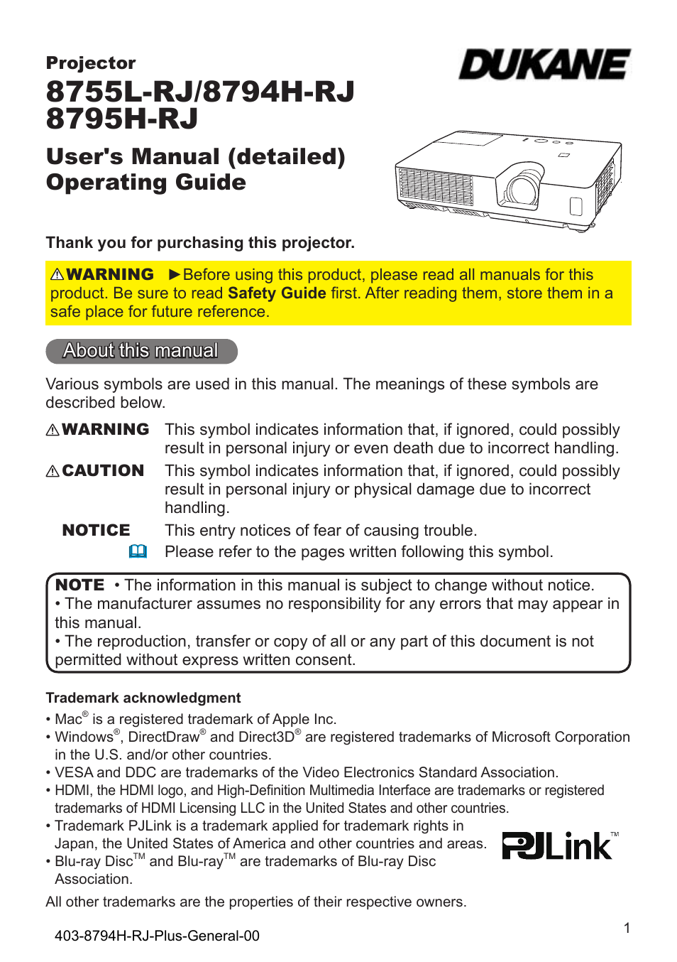 Dukane Projector 8794H-RJ User Manual | 107 pages