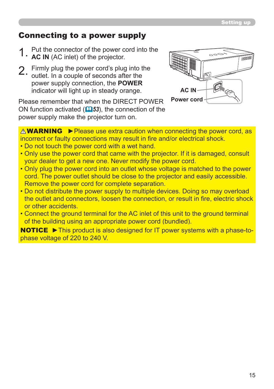 Connecting to a power supply | Dukane Projector 8794H-RJ User Manual | Page 15 / 107