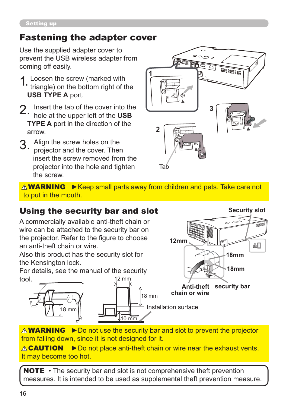 Fastening the adapter cover, Using the security bar and slot | Dukane Projector 8794H-RJ User Manual | Page 16 / 107