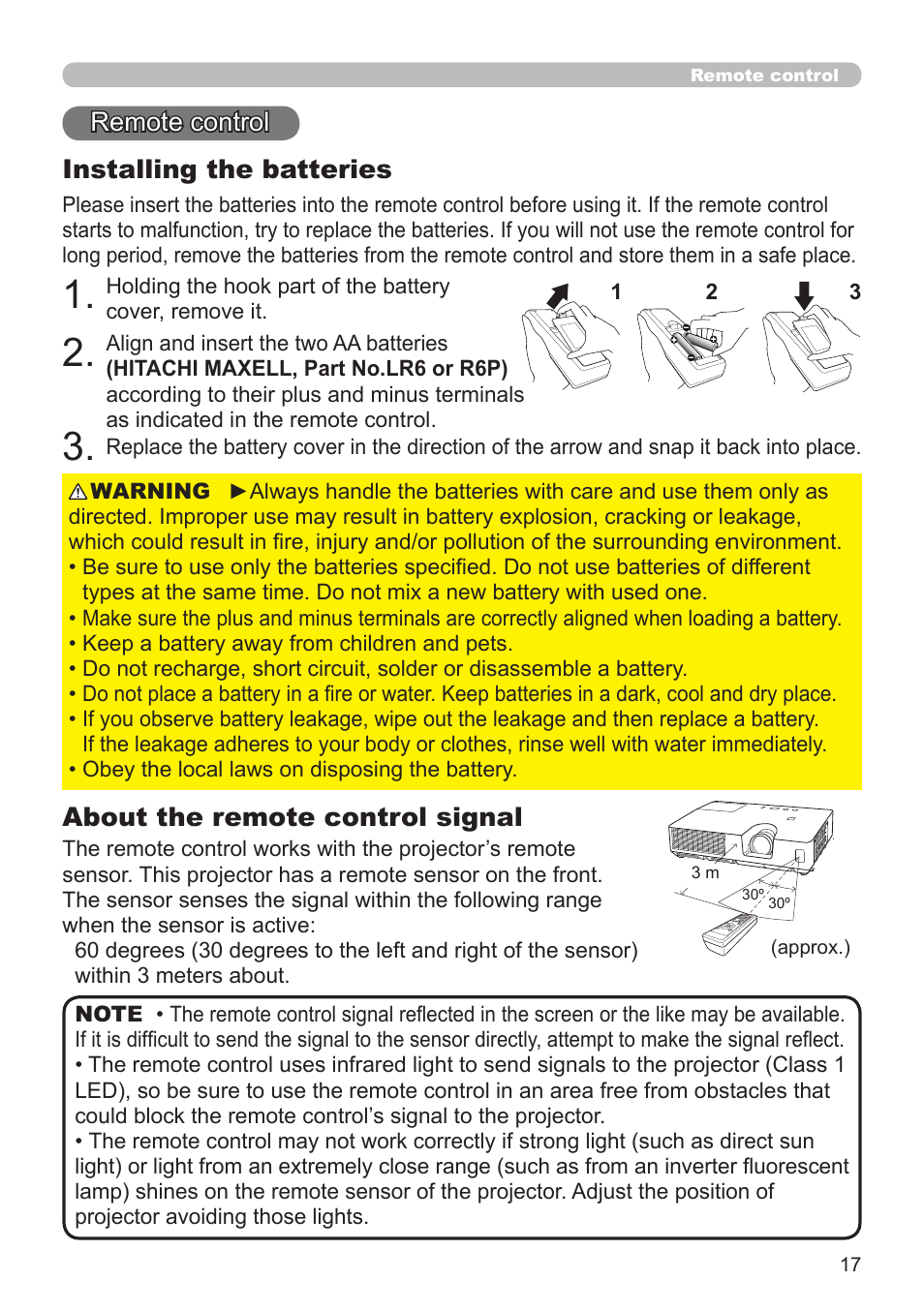 Remote control about the remote control signal, Installing the batteries | Dukane Projector 8794H-RJ User Manual | Page 17 / 107