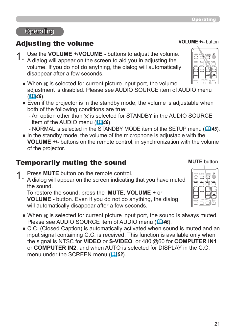 Operating, Adjusting the volume, Temporarily muting the sound | Volume + / - button mute button | Dukane Projector 8794H-RJ User Manual | Page 21 / 107