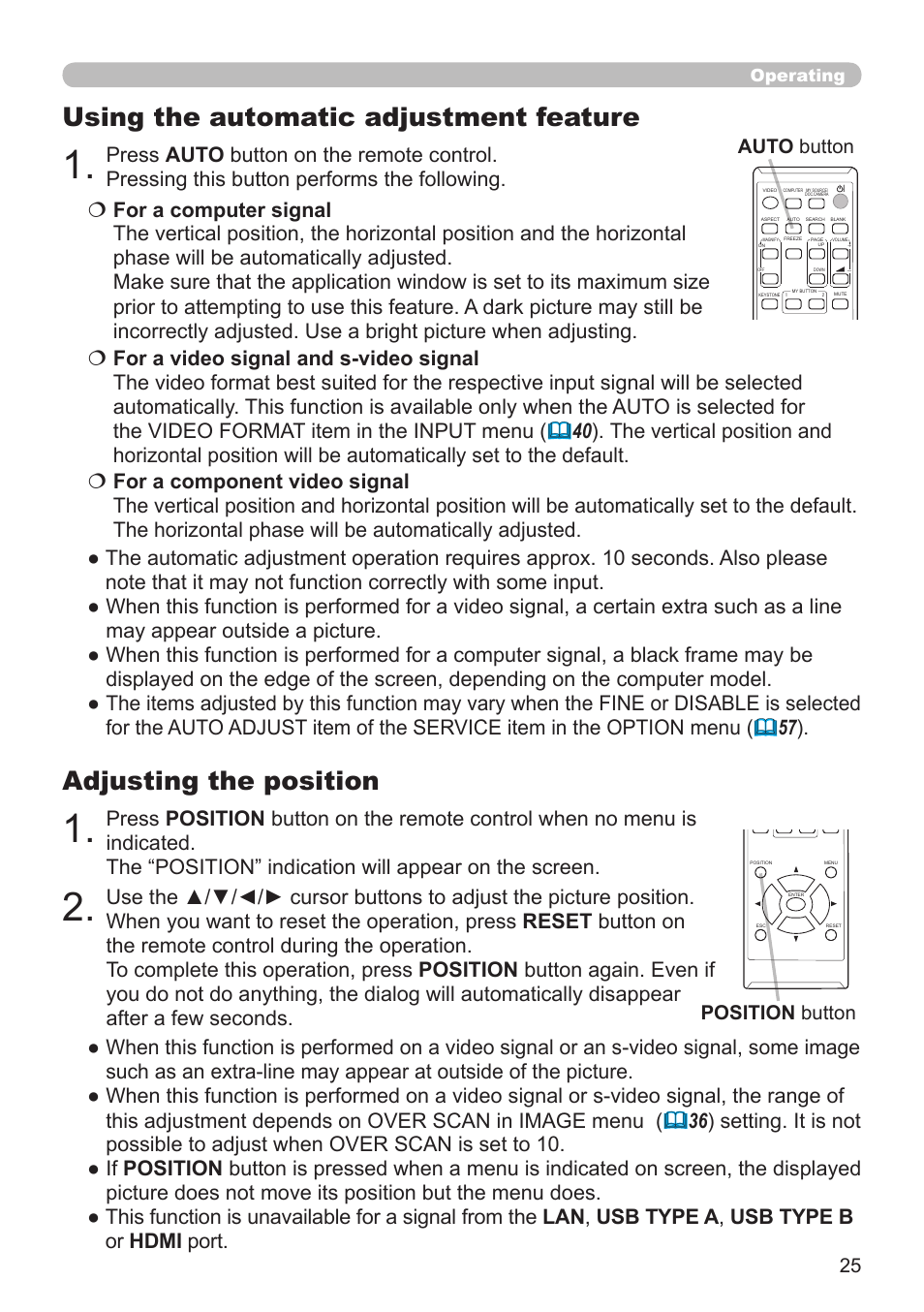 Adjusting the position, Using the automatic adjustment feature, Position button | Auto button, Operating | Dukane Projector 8794H-RJ User Manual | Page 25 / 107