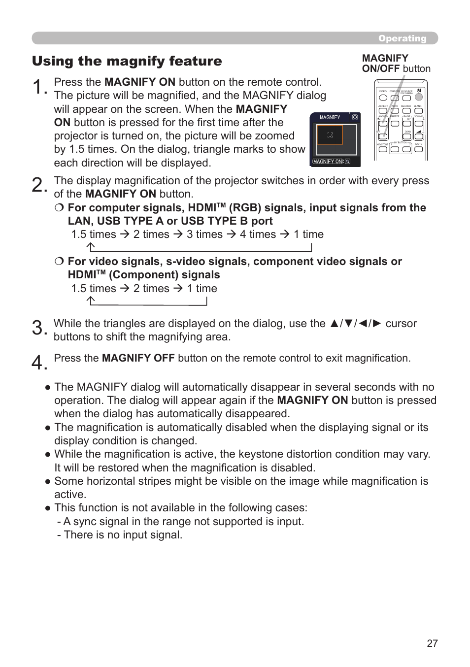 Using the magnify feature, Magnify on/off button | Dukane Projector 8794H-RJ User Manual | Page 27 / 107