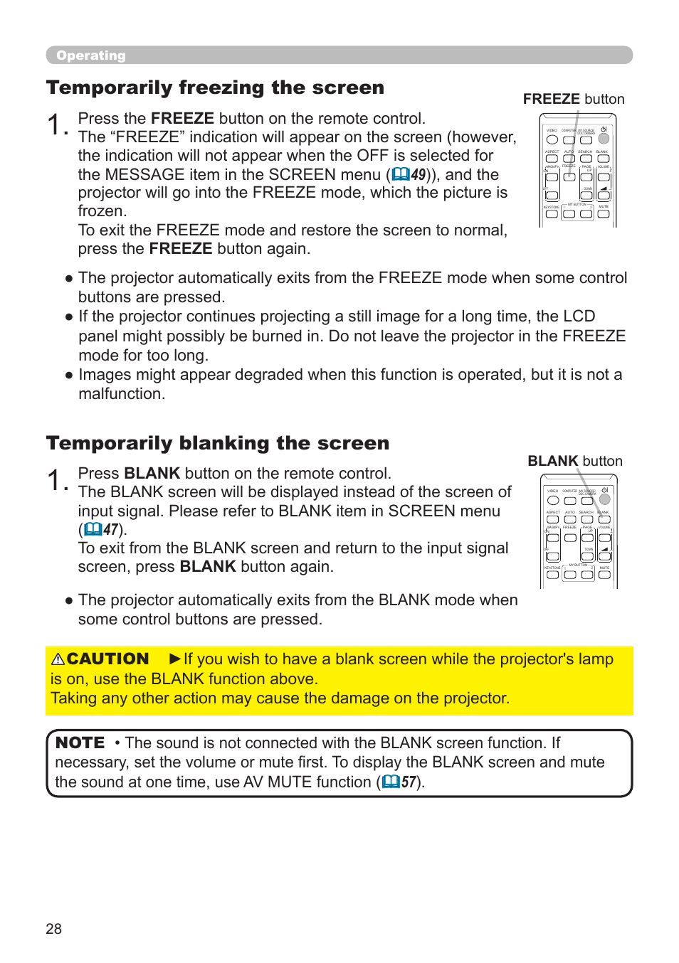 Temporarily blanking the screen, Temporarily freezing the screen, Freeze button | Blank button, Operating | Dukane Projector 8794H-RJ User Manual | Page 28 / 107