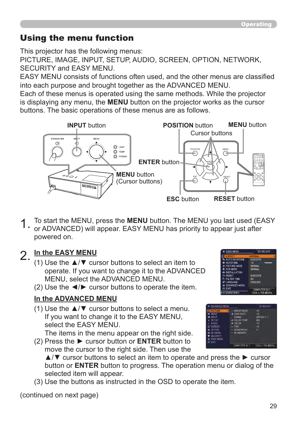 Using the menu function | Dukane Projector 8794H-RJ User Manual | Page 29 / 107