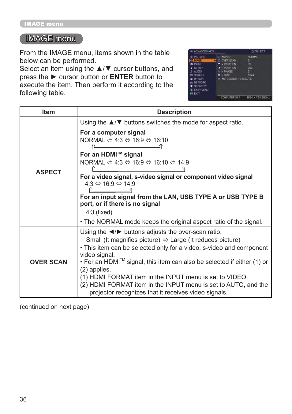 Image menu | Dukane Projector 8794H-RJ User Manual | Page 36 / 107