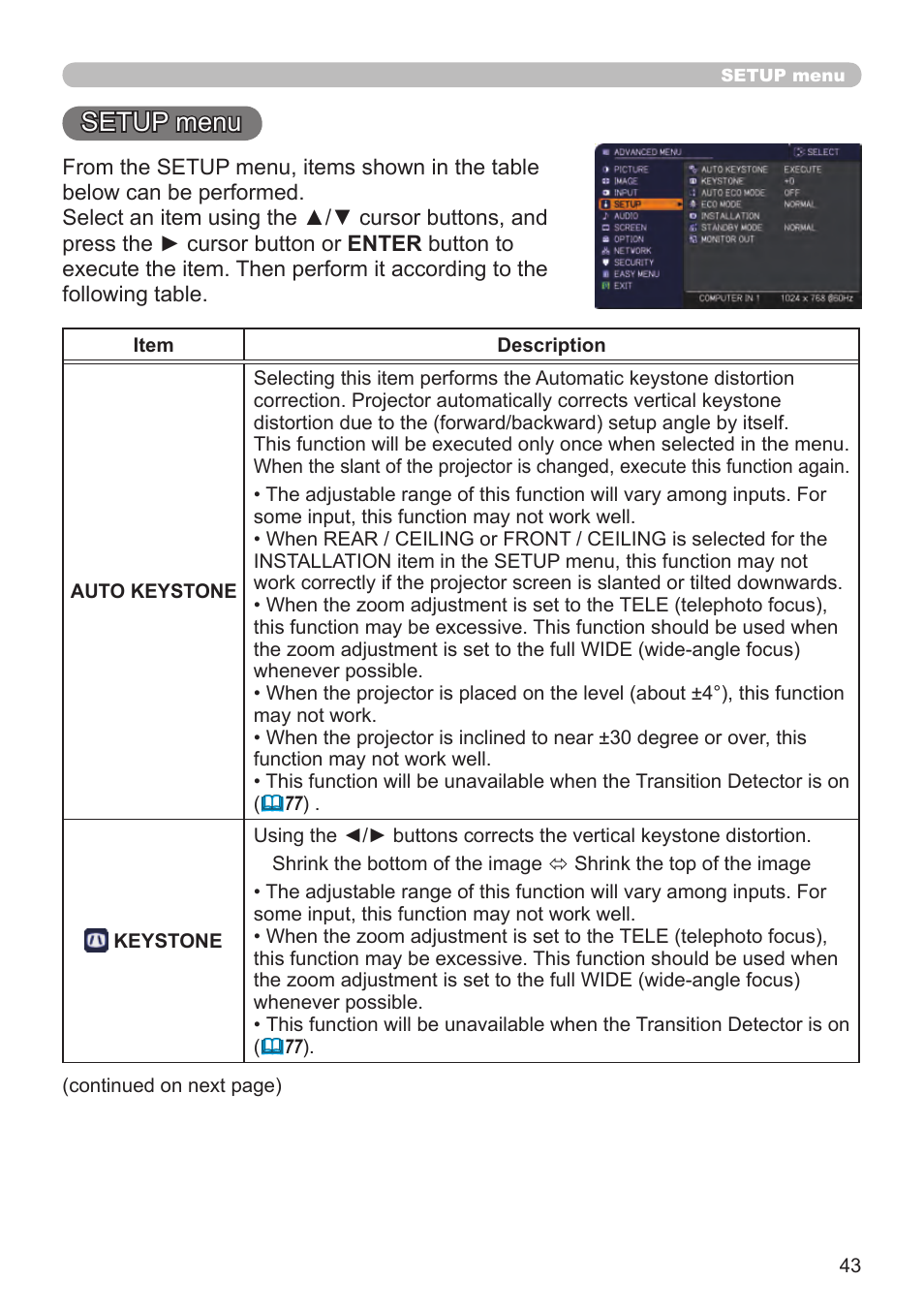 Setup menu | Dukane Projector 8794H-RJ User Manual | Page 43 / 107