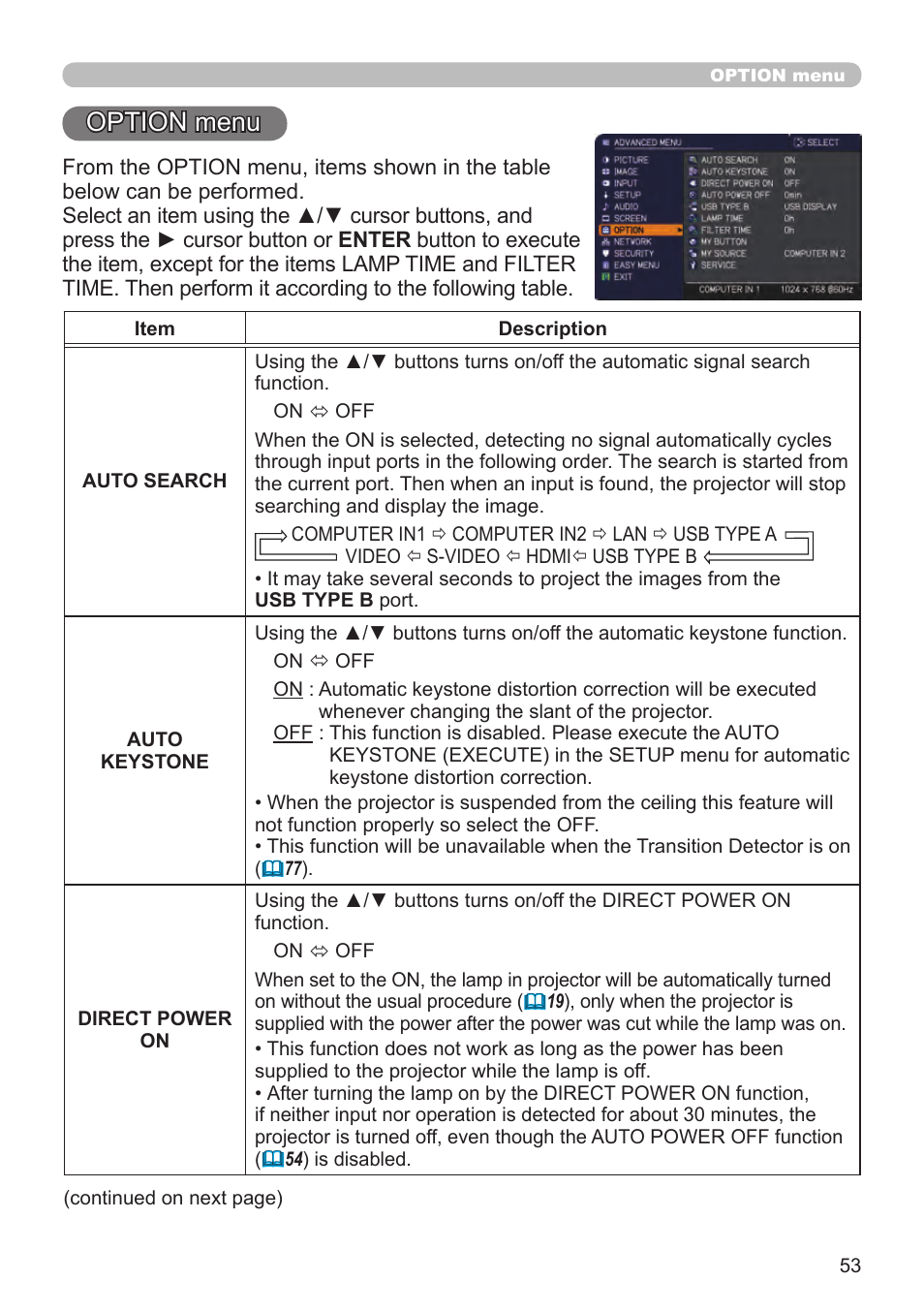 Option menu | Dukane Projector 8794H-RJ User Manual | Page 53 / 107