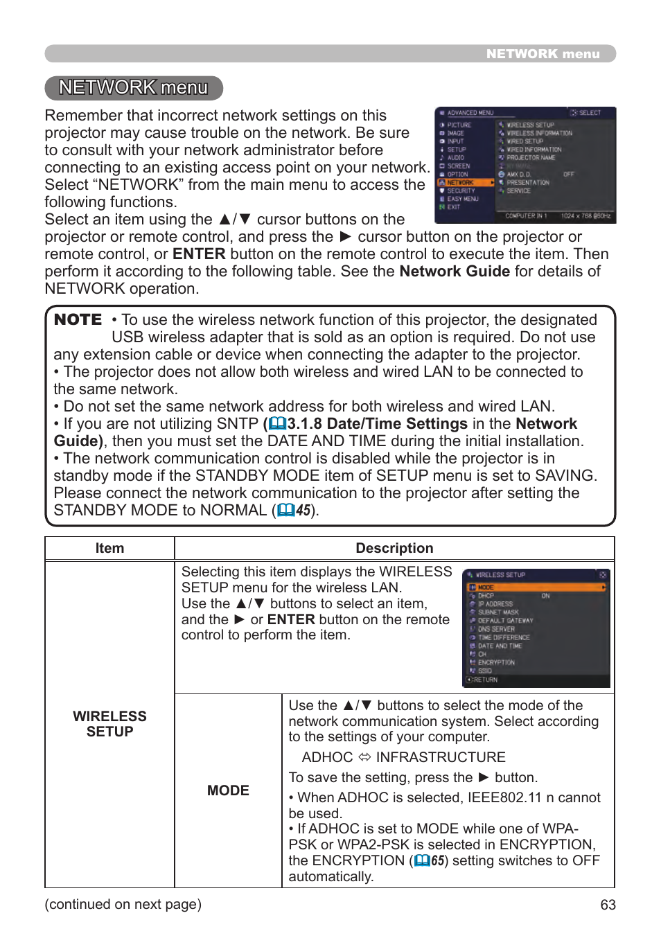 Network menu | Dukane Projector 8794H-RJ User Manual | Page 63 / 107