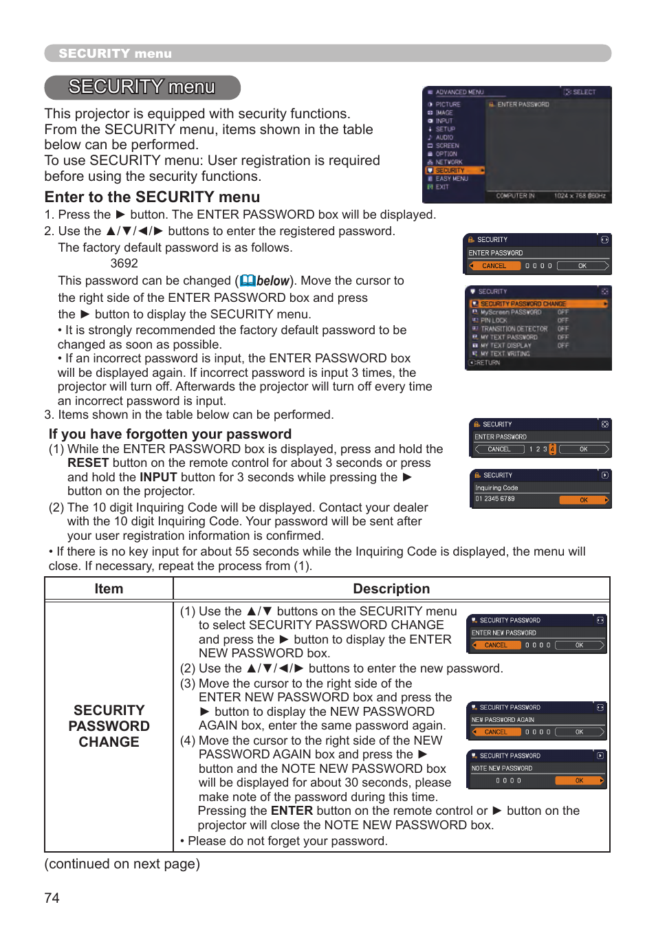 Security menu | Dukane Projector 8794H-RJ User Manual | Page 74 / 107