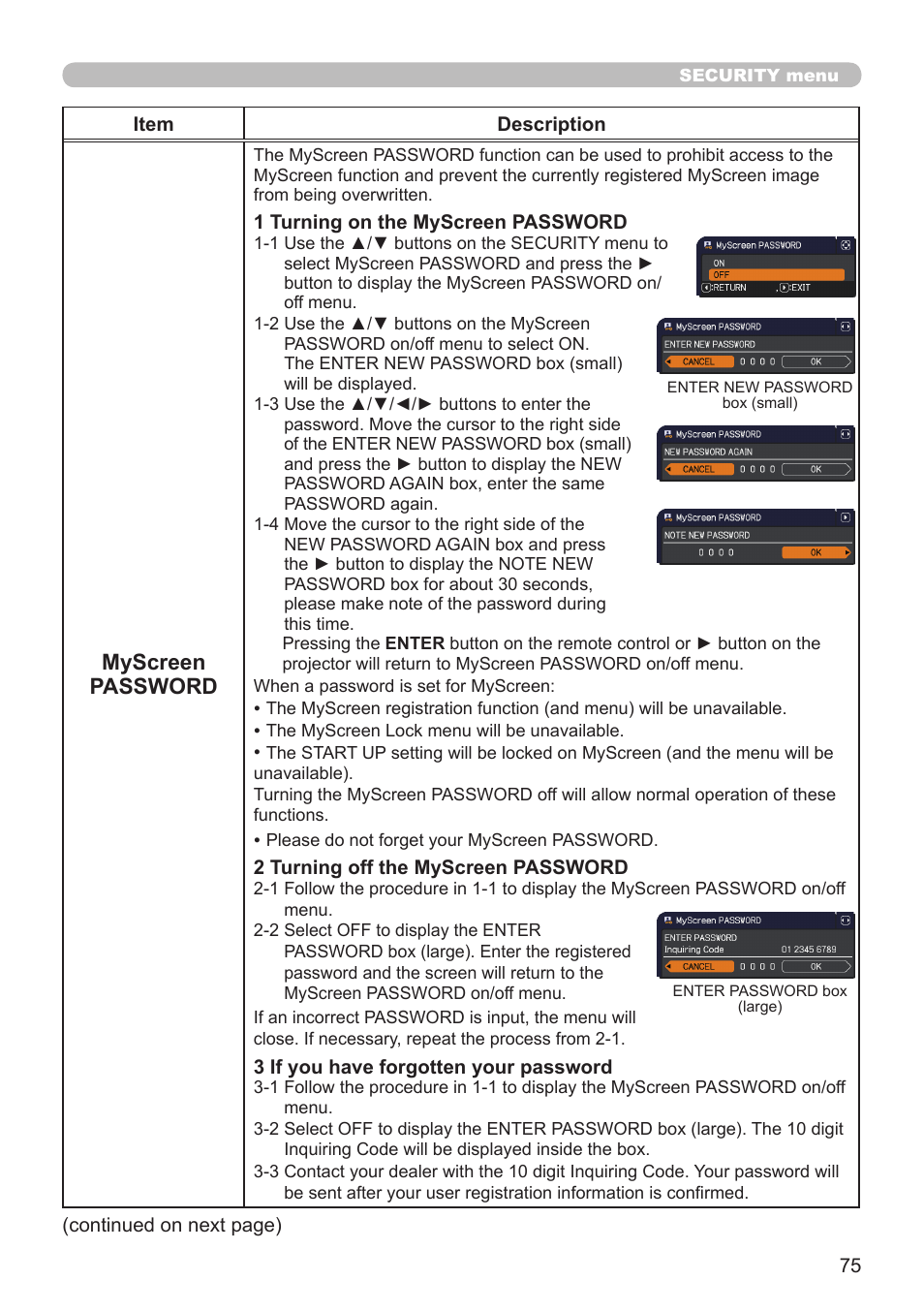 Myscreen password | Dukane Projector 8794H-RJ User Manual | Page 75 / 107