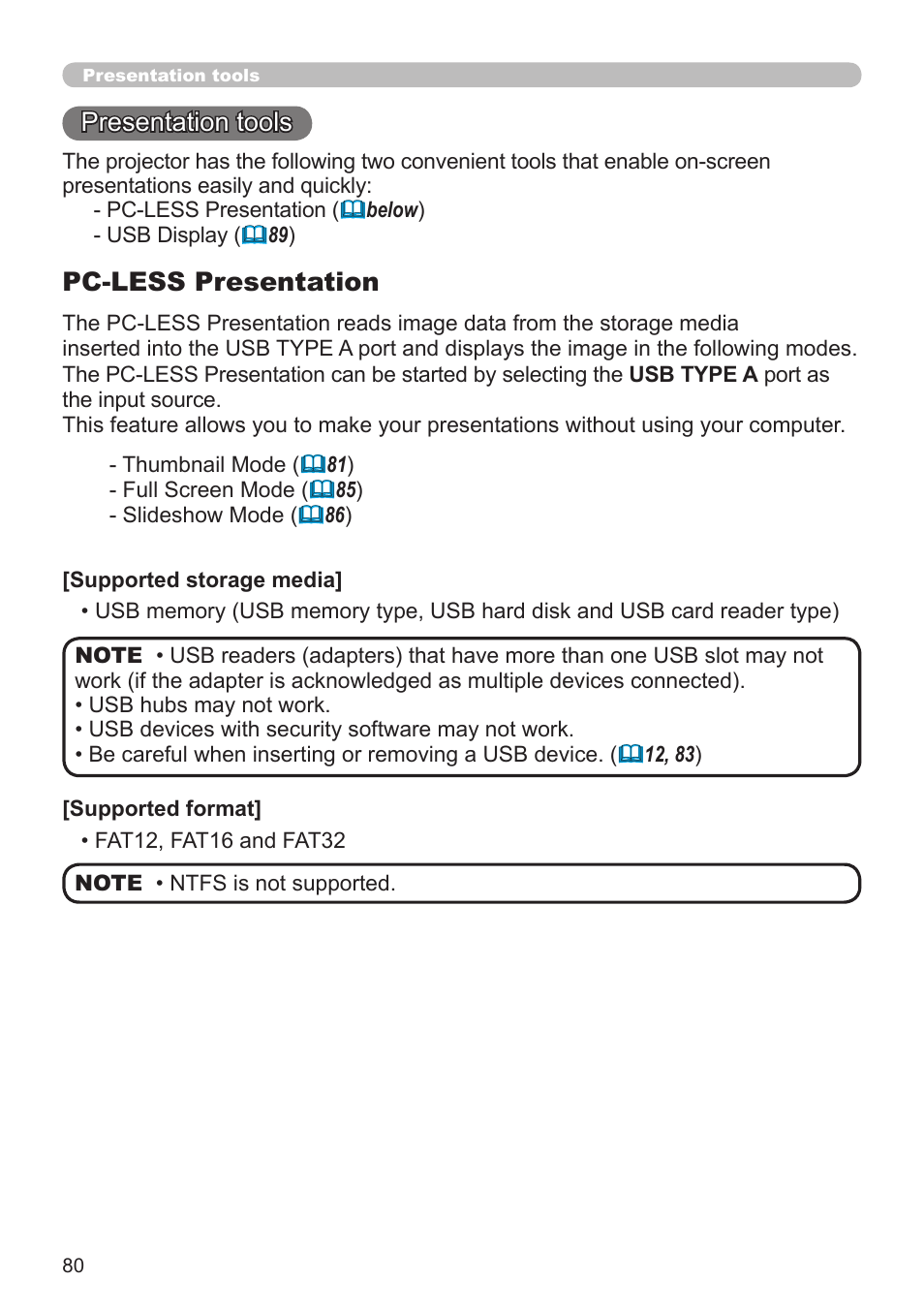 Presentation tools, Pc-less presentation | Dukane Projector 8794H-RJ User Manual | Page 80 / 107