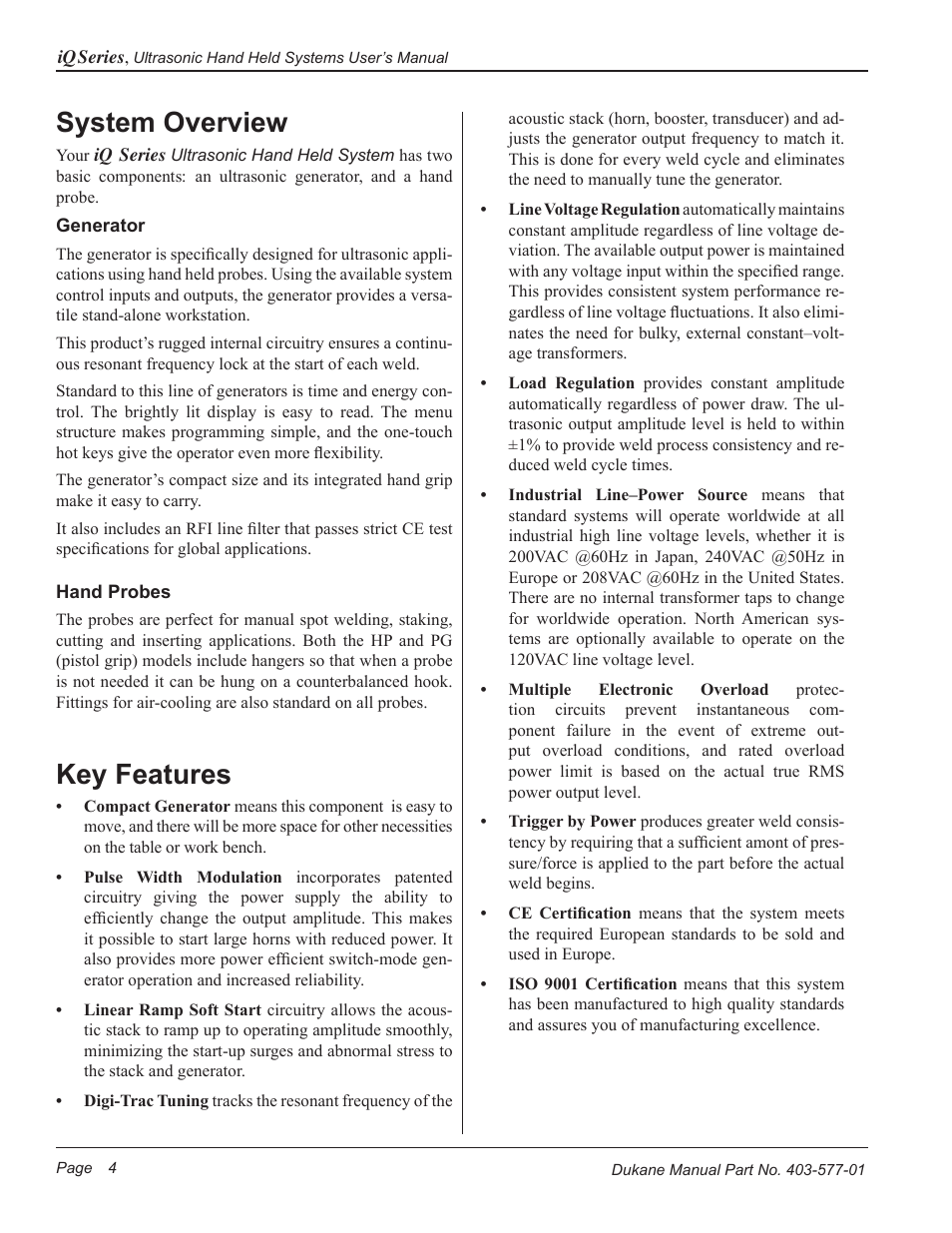 System overview, Key features | Dukane Ultrasonic Hand Held System iQ Series User Manual | Page 10 / 82