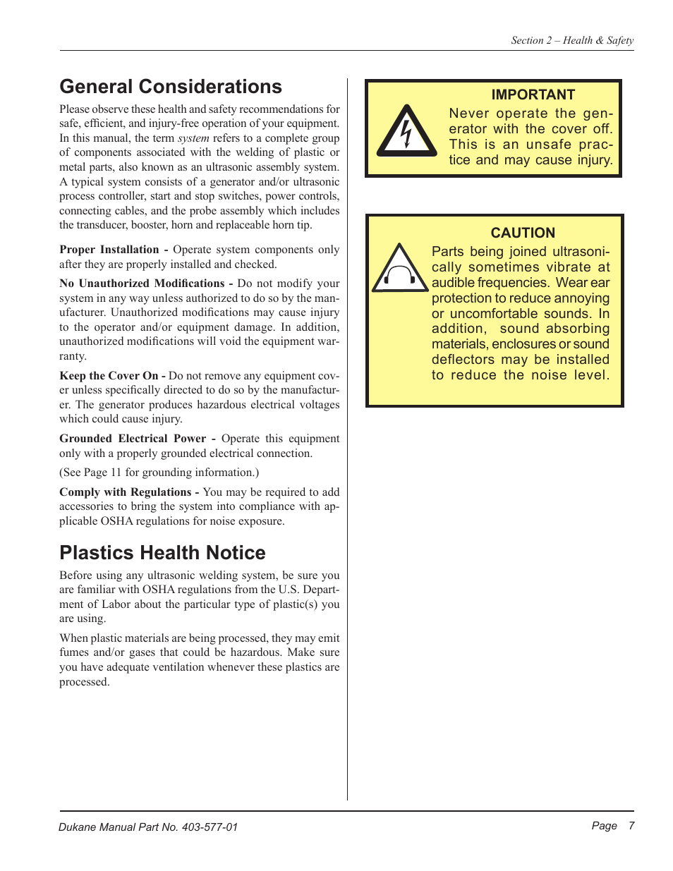 General considerations, Plastics health notice | Dukane Ultrasonic Hand Held System iQ Series User Manual | Page 13 / 82