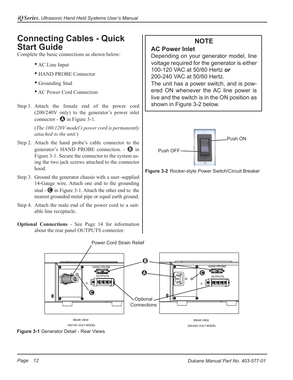 Connecting cables - quick start guide, Ac power inlet | Dukane Ultrasonic Hand Held System iQ Series User Manual | Page 18 / 82