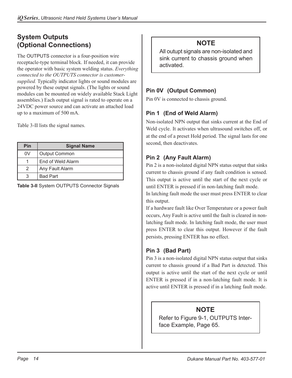 System outputs (optional connections) | Dukane Ultrasonic Hand Held System iQ Series User Manual | Page 20 / 82