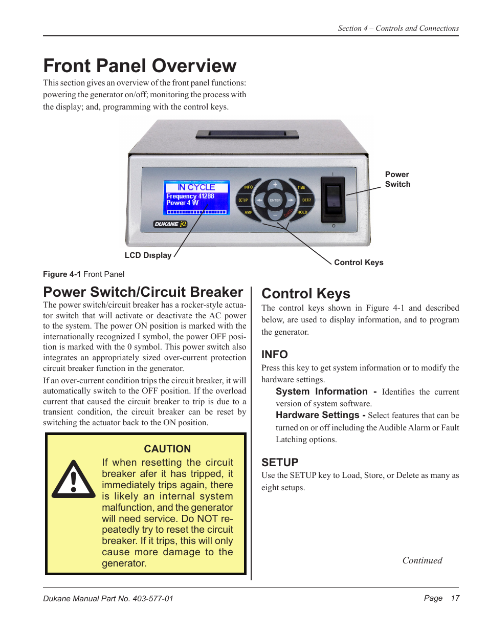 Front panel overview, Control keys, Power switch/circuit breaker | Dukane Ultrasonic Hand Held System iQ Series User Manual | Page 23 / 82