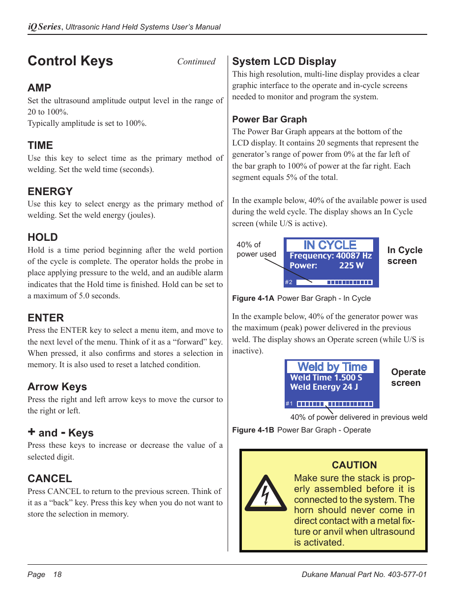 Control keys, Weld by time | Dukane Ultrasonic Hand Held System iQ Series User Manual | Page 24 / 82