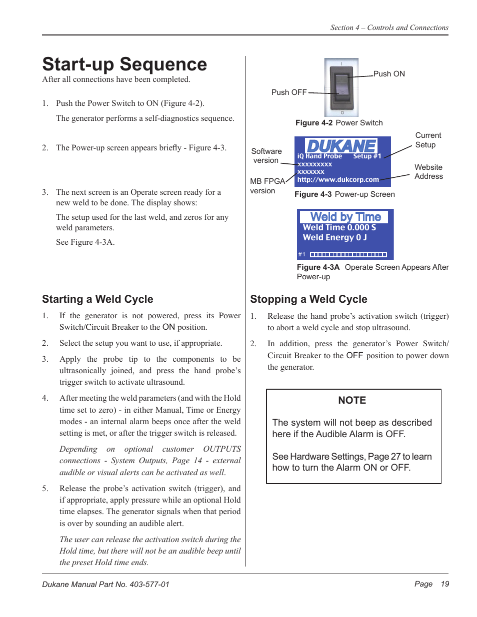 Start-up sequence, Dukane, Weld by time | Starting a weld cycle, Stopping a weld cycle | Dukane Ultrasonic Hand Held System iQ Series User Manual | Page 25 / 82