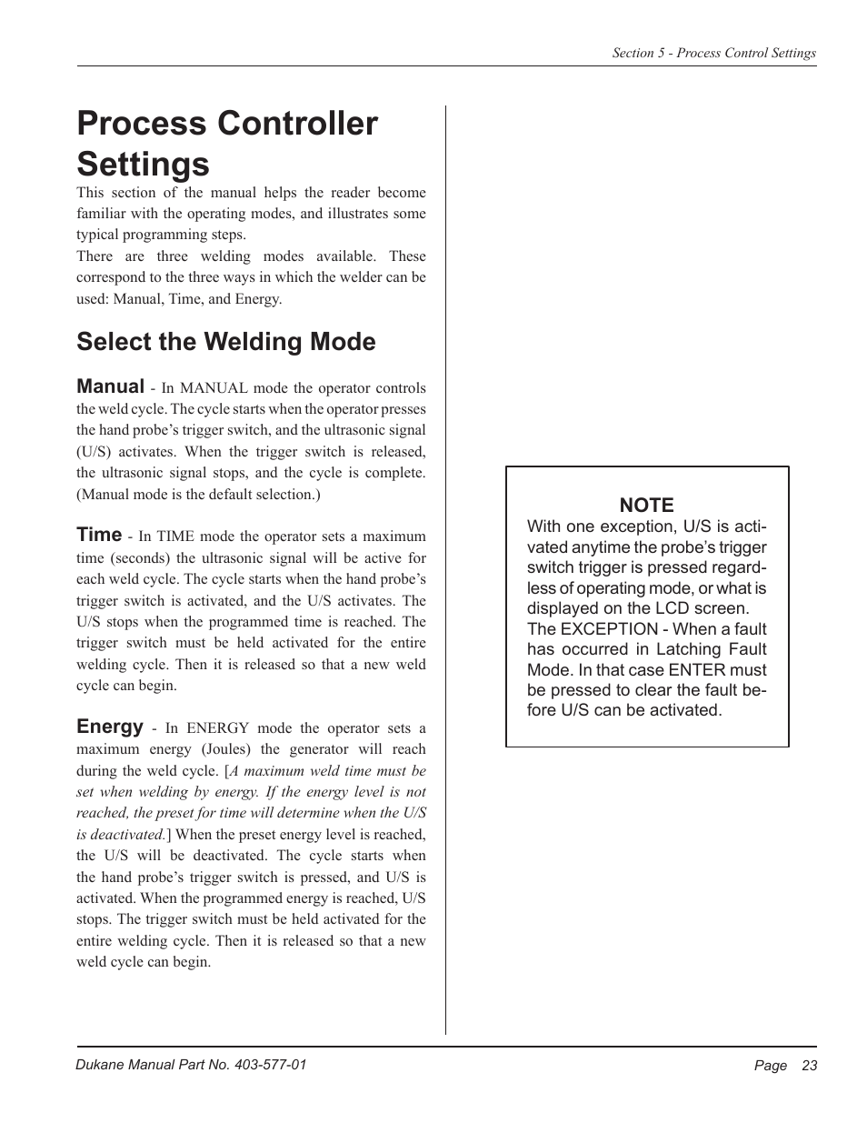 Process controller settings, Select the welding mode | Dukane Ultrasonic Hand Held System iQ Series User Manual | Page 29 / 82