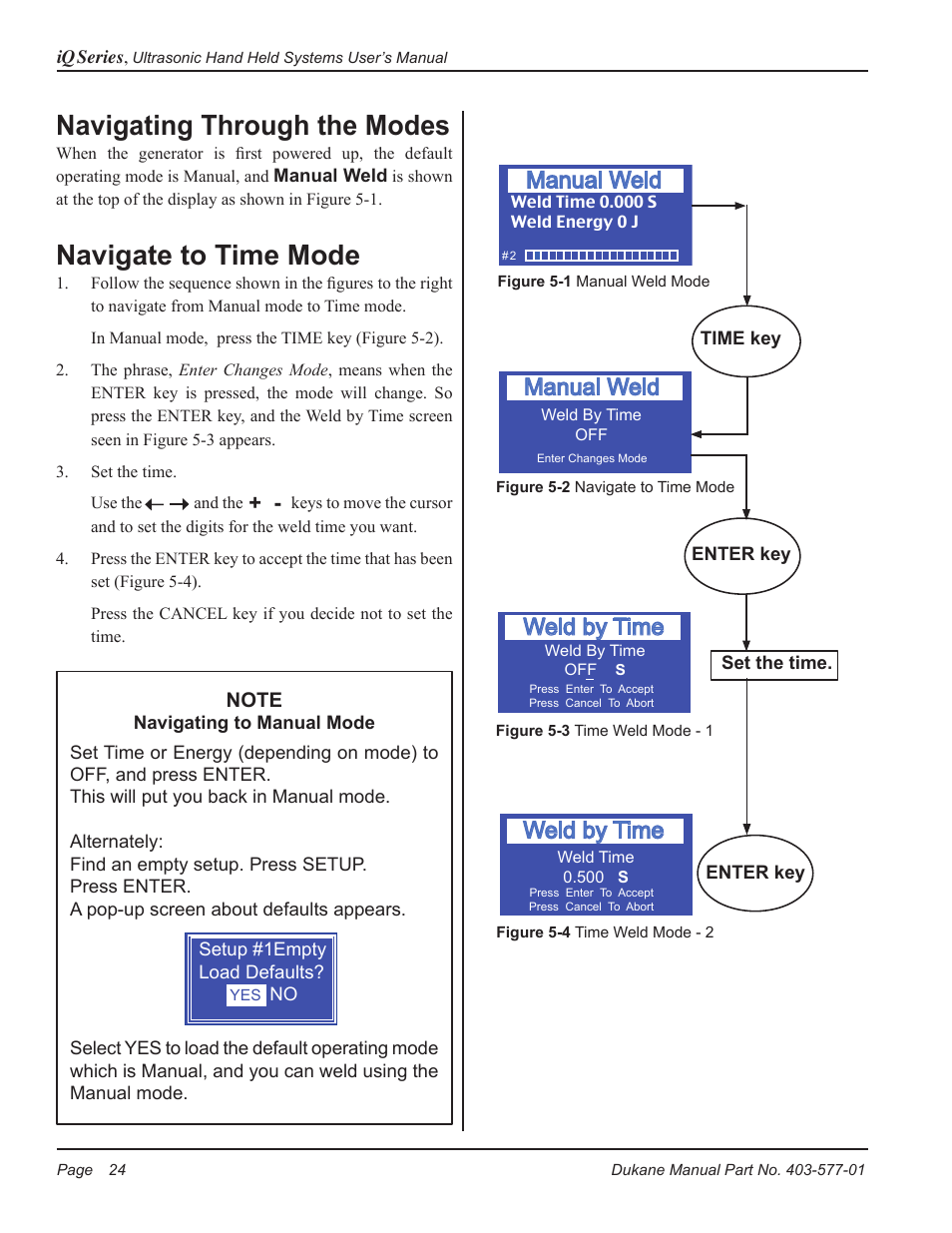 Navigating through the modes, Navigate to time mode, Manual weld | Weld by time | Dukane Ultrasonic Hand Held System iQ Series User Manual | Page 30 / 82