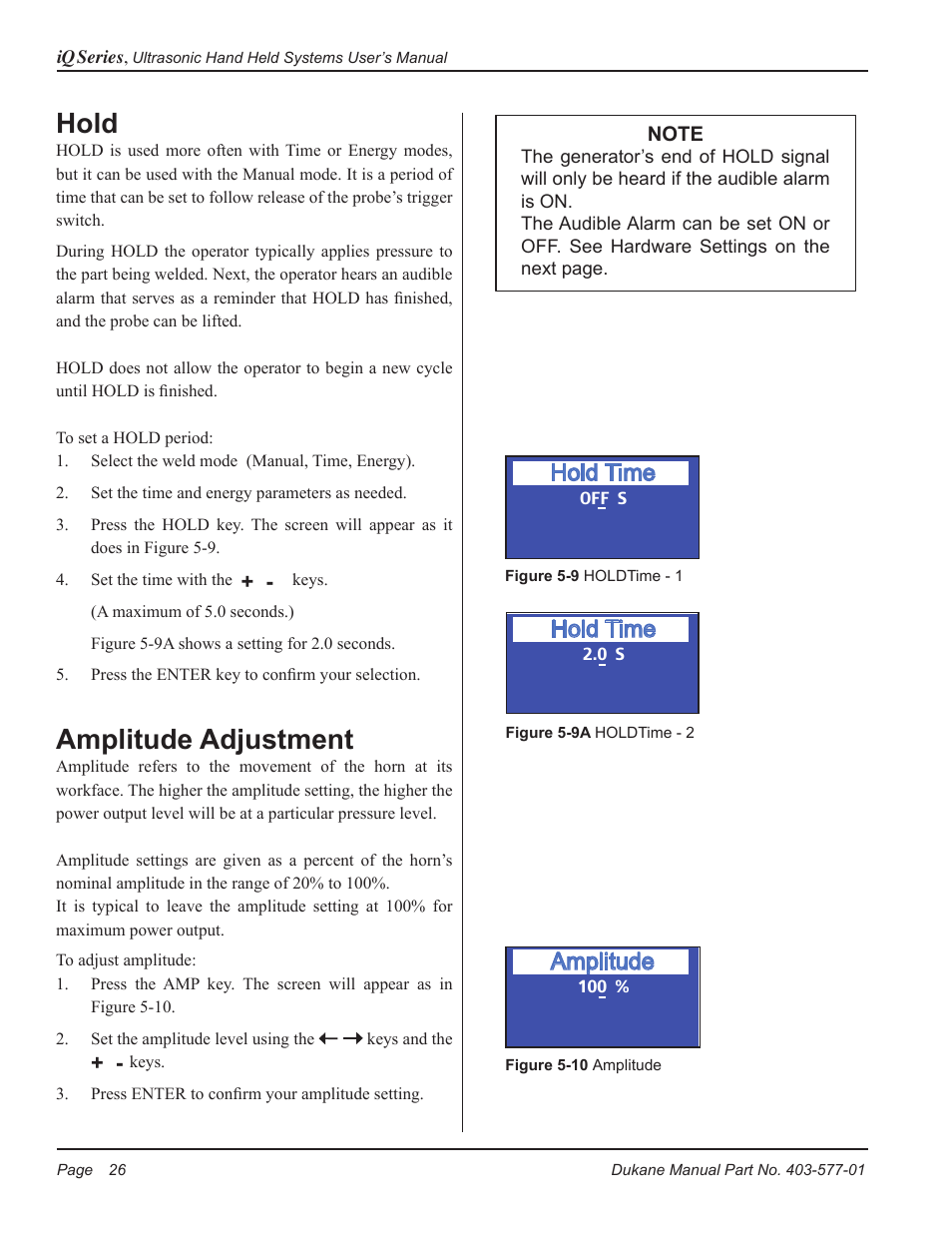 Hold, Amplitude adjustment, Hold time | Amplitude | Dukane Ultrasonic Hand Held System iQ Series User Manual | Page 32 / 82