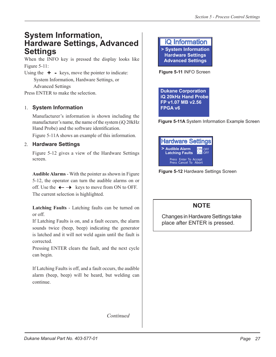 Iq information, Hardware settings | Dukane Ultrasonic Hand Held System iQ Series User Manual | Page 33 / 82