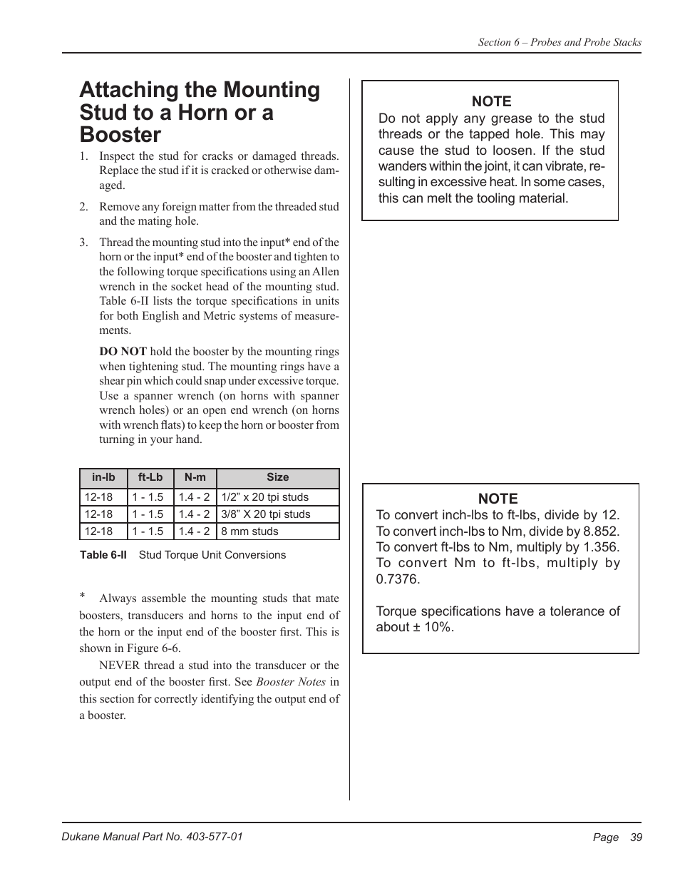 Attaching the mounting stud to a horn or a booster | Dukane Ultrasonic Hand Held System iQ Series User Manual | Page 45 / 82