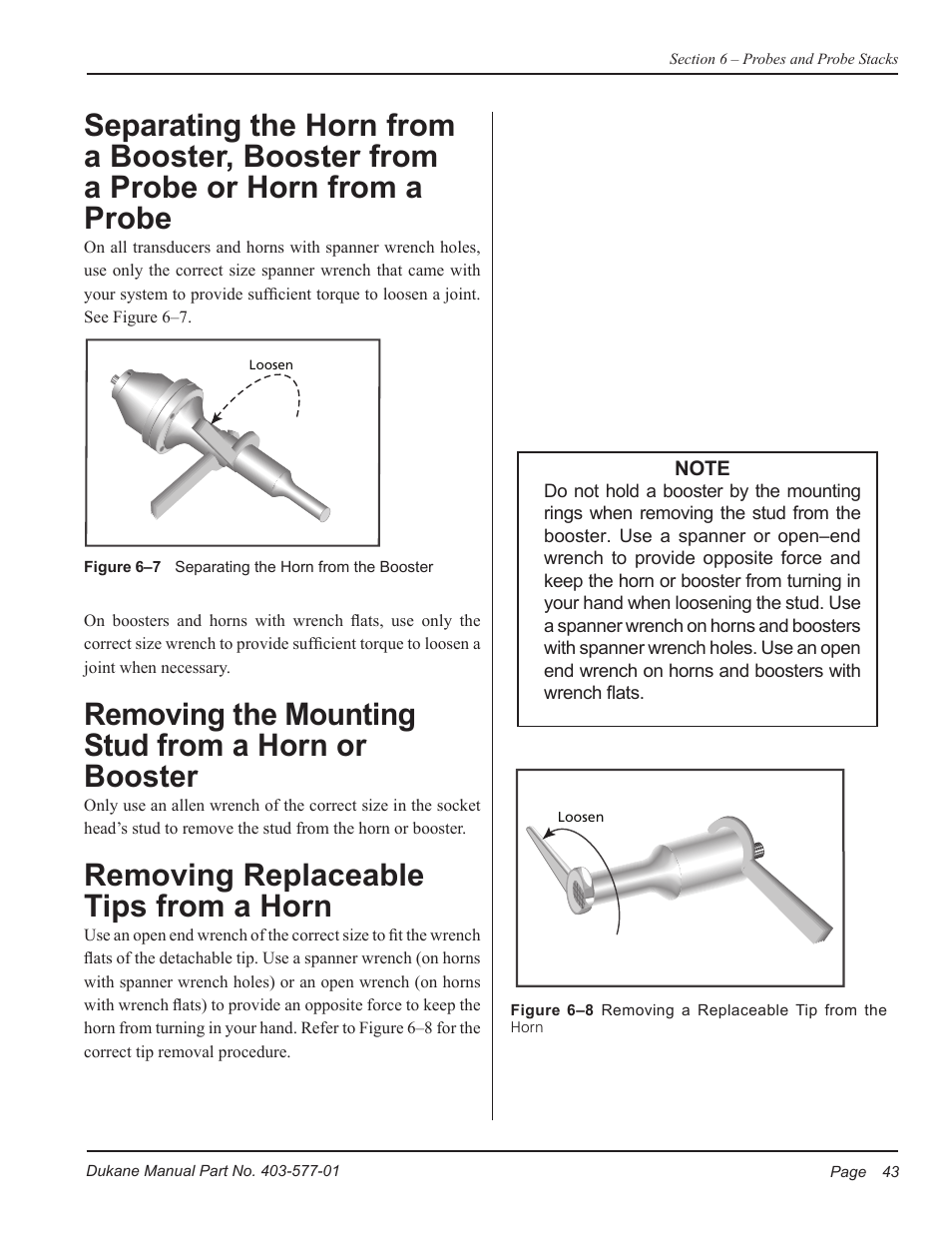 Removing the mounting stud from a horn or booster, Removing replaceable tips from a horn | Dukane Ultrasonic Hand Held System iQ Series User Manual | Page 49 / 82