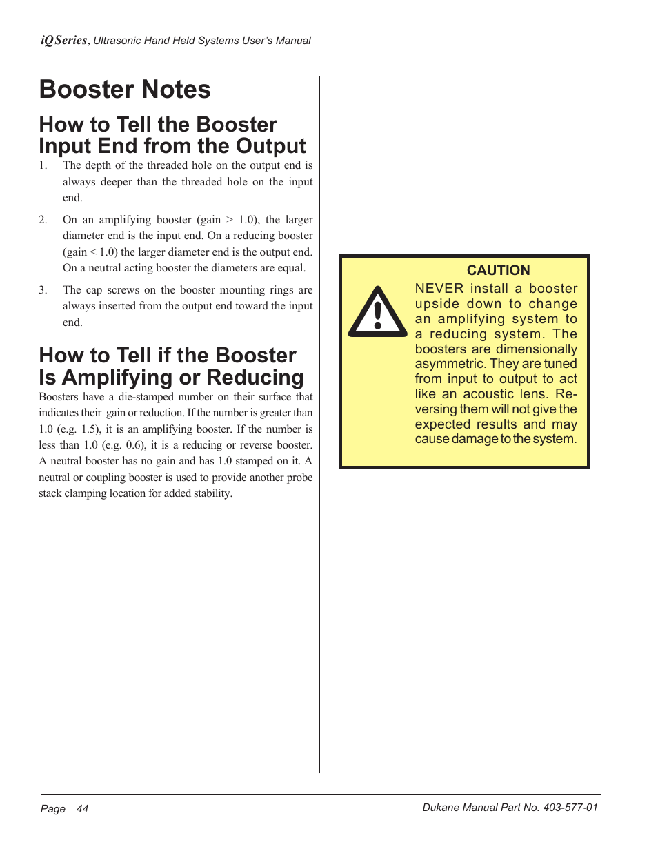 How to tell the booster input end from the output | Dukane Ultrasonic Hand Held System iQ Series User Manual | Page 50 / 82