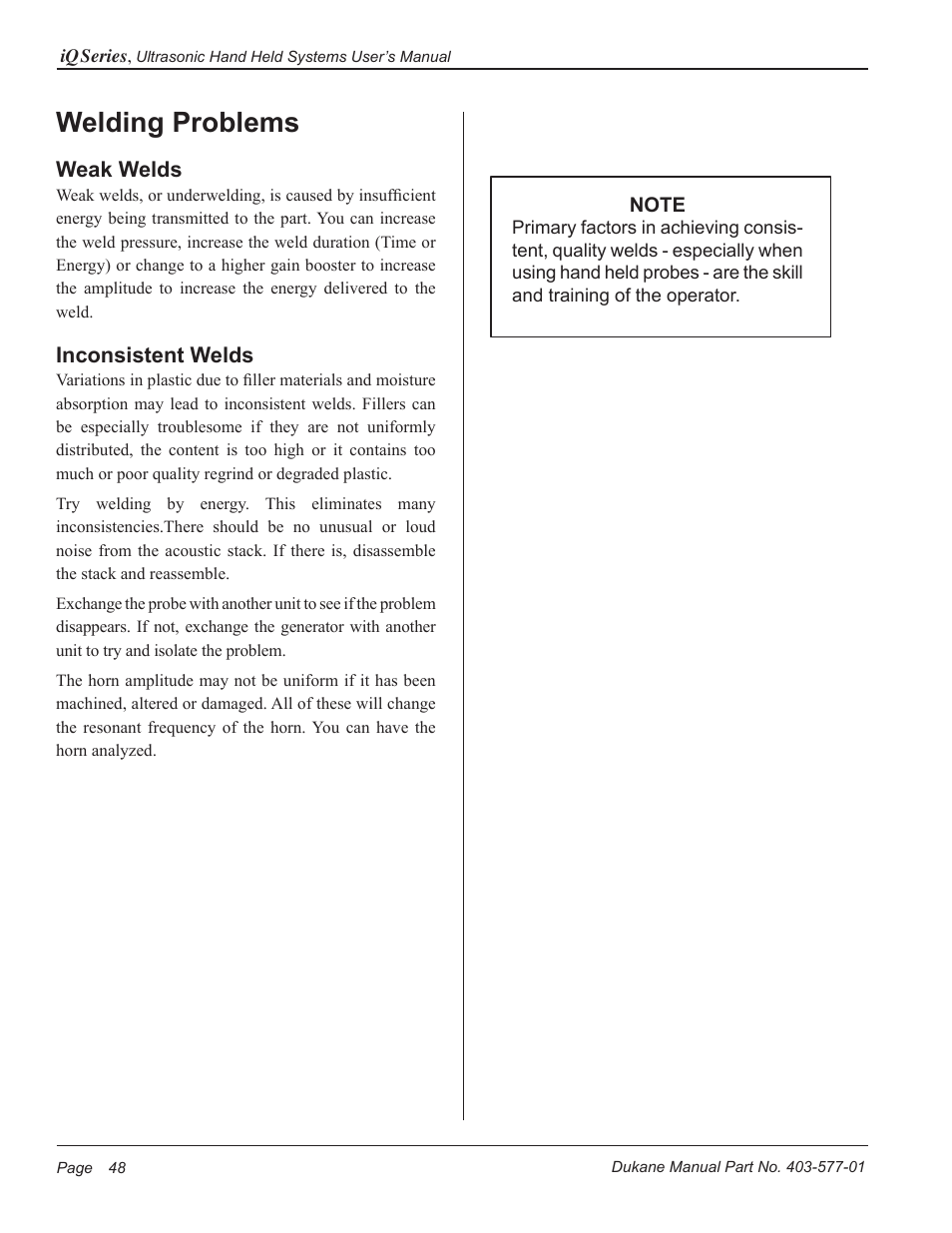 Welding problems, Weak welds, Inconsistent welds | Dukane Ultrasonic Hand Held System iQ Series User Manual | Page 54 / 82