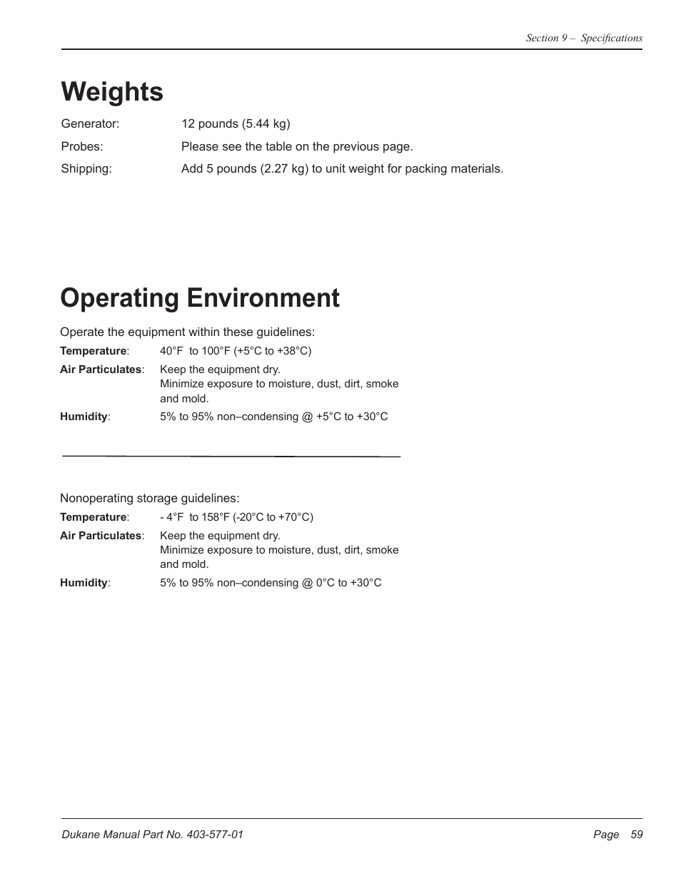 Operating environment, Weights | Dukane Ultrasonic Hand Held System iQ Series User Manual | Page 65 / 82