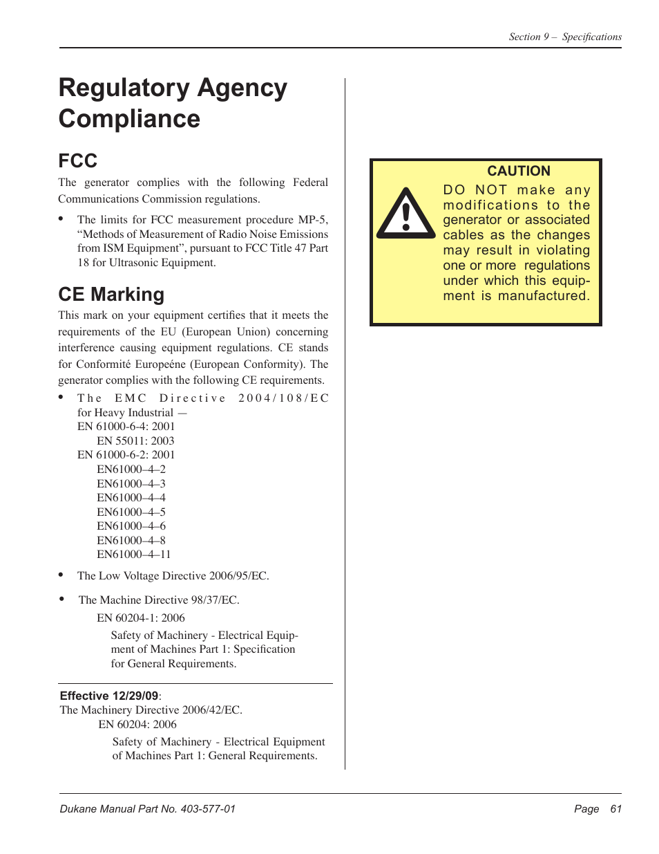 Regulatory agency compliance, Ce marking | Dukane Ultrasonic Hand Held System iQ Series User Manual | Page 67 / 82