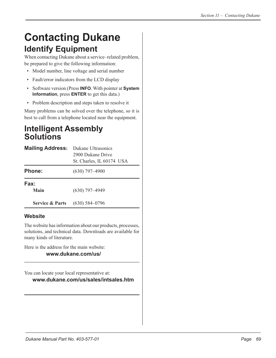 Contacting dukane, Identify equipment, Intelligent assembly solutions | Dukane Ultrasonic Hand Held System iQ Series User Manual | Page 75 / 82
