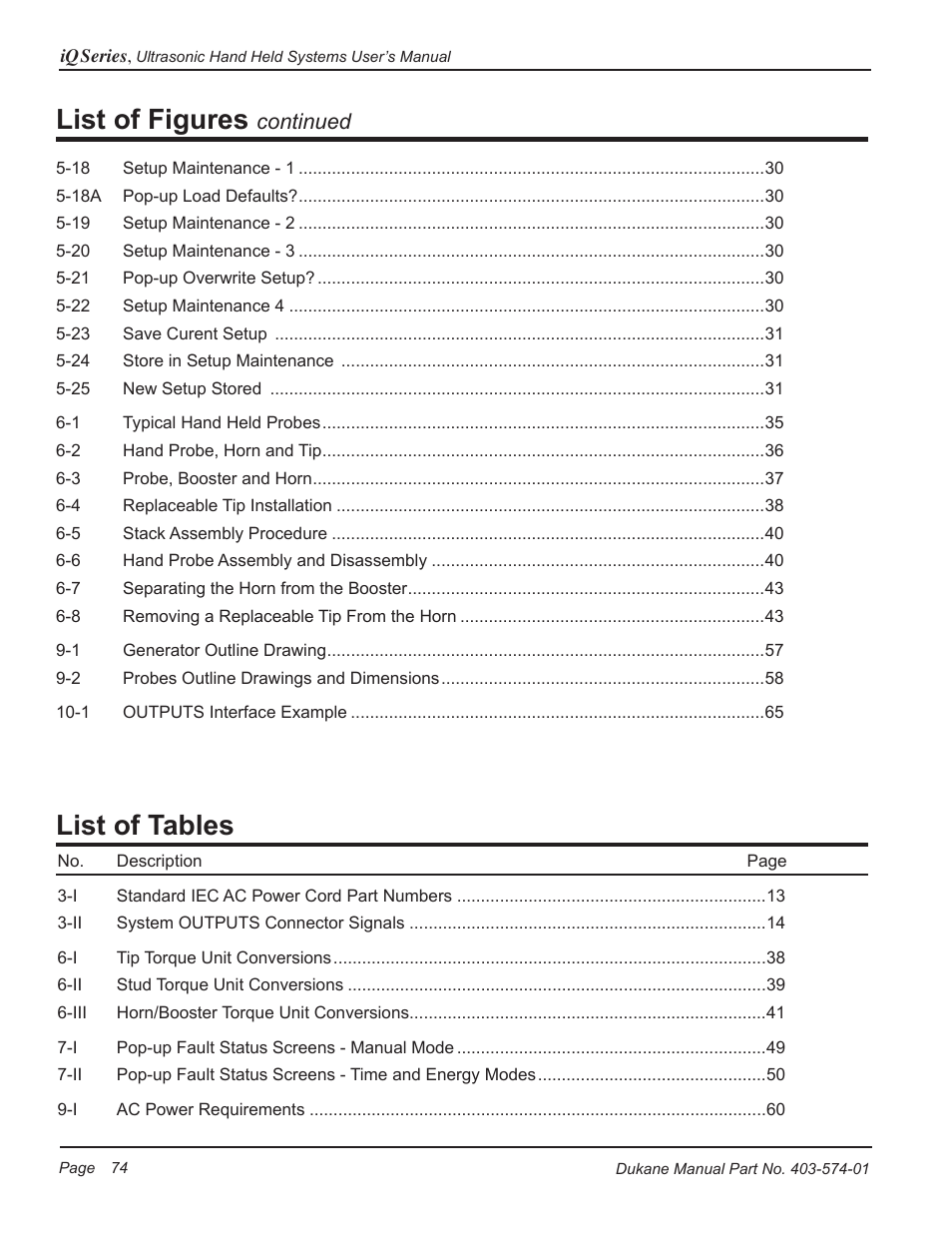 List of tables list of figures, Continued | Dukane Ultrasonic Hand Held System iQ Series User Manual | Page 80 / 82