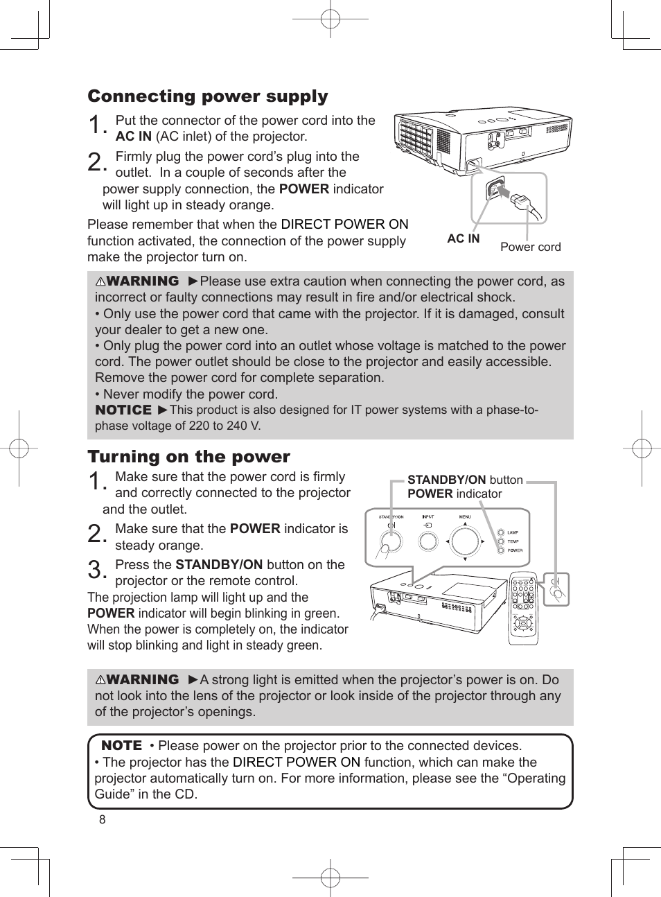 Connecting power supply, Turning on the power | Dukane LCD Data Video Projector MODEL 8788 User Manual | Page 10 / 20