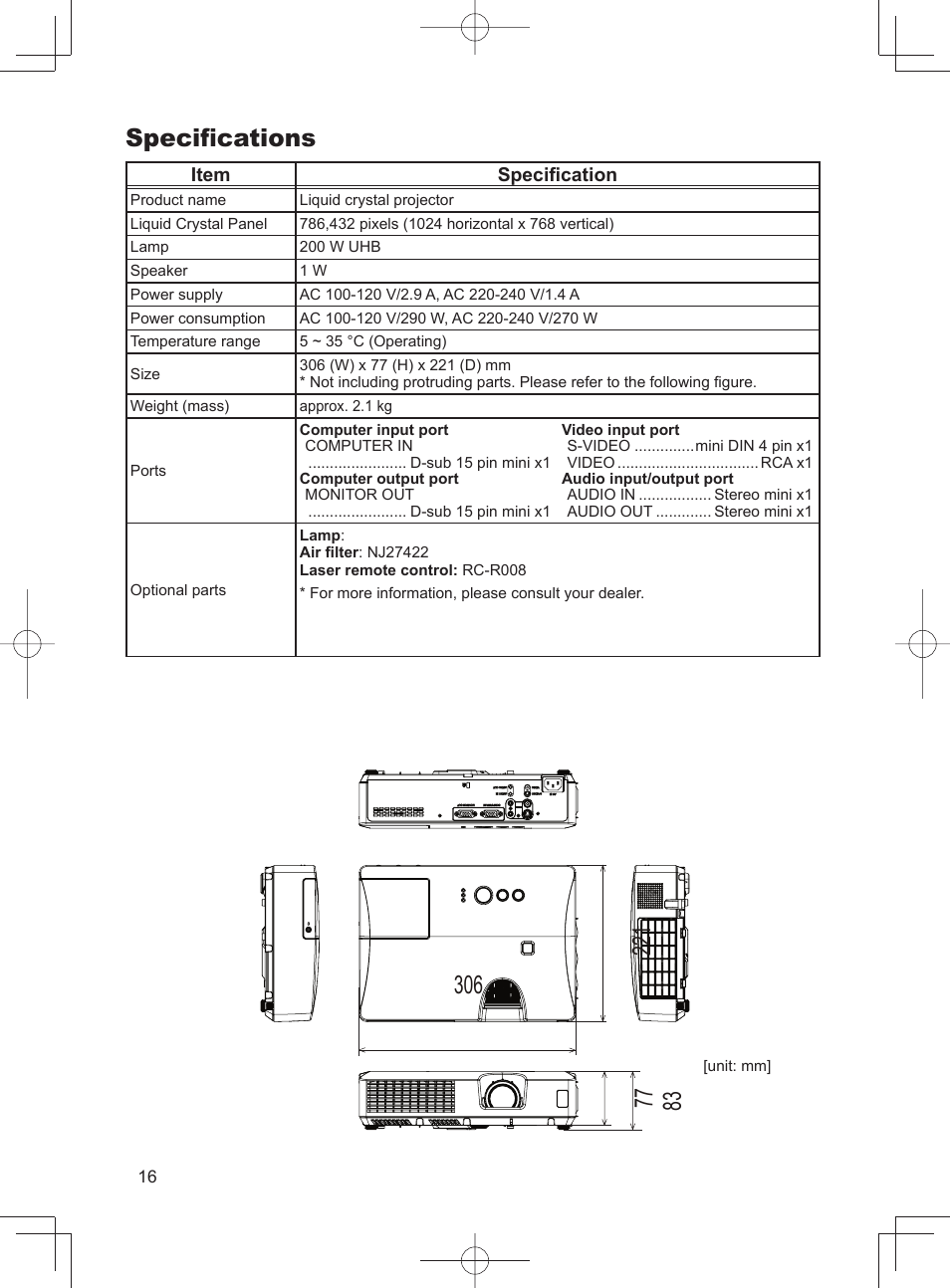 Specifi cations | Dukane LCD Data Video Projector MODEL 8788 User Manual | Page 18 / 20