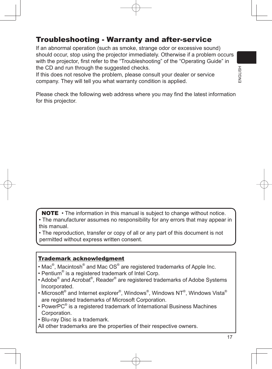 Troubleshooting - warranty and after-service | Dukane LCD Data Video Projector MODEL 8788 User Manual | Page 19 / 20
