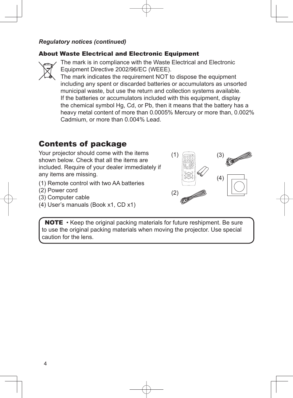 Contents of package | Dukane LCD Data Video Projector MODEL 8788 User Manual | Page 6 / 20