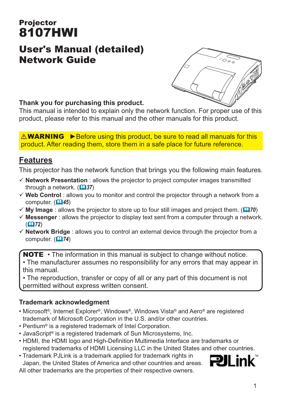 8107hwi, User's manual (detailed) network guide, Features | Projector | Dukane Data Video 8107HWI User Manual | Page 3 / 94