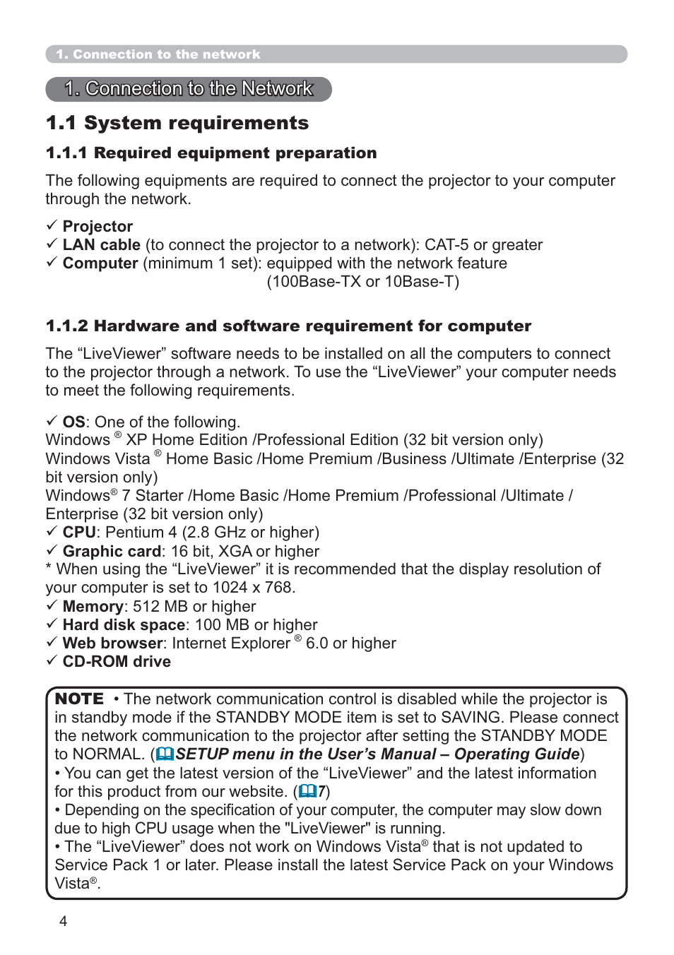 1 system requirements 1. connection to the network | Dukane Data Video 8107HWI User Manual | Page 6 / 94