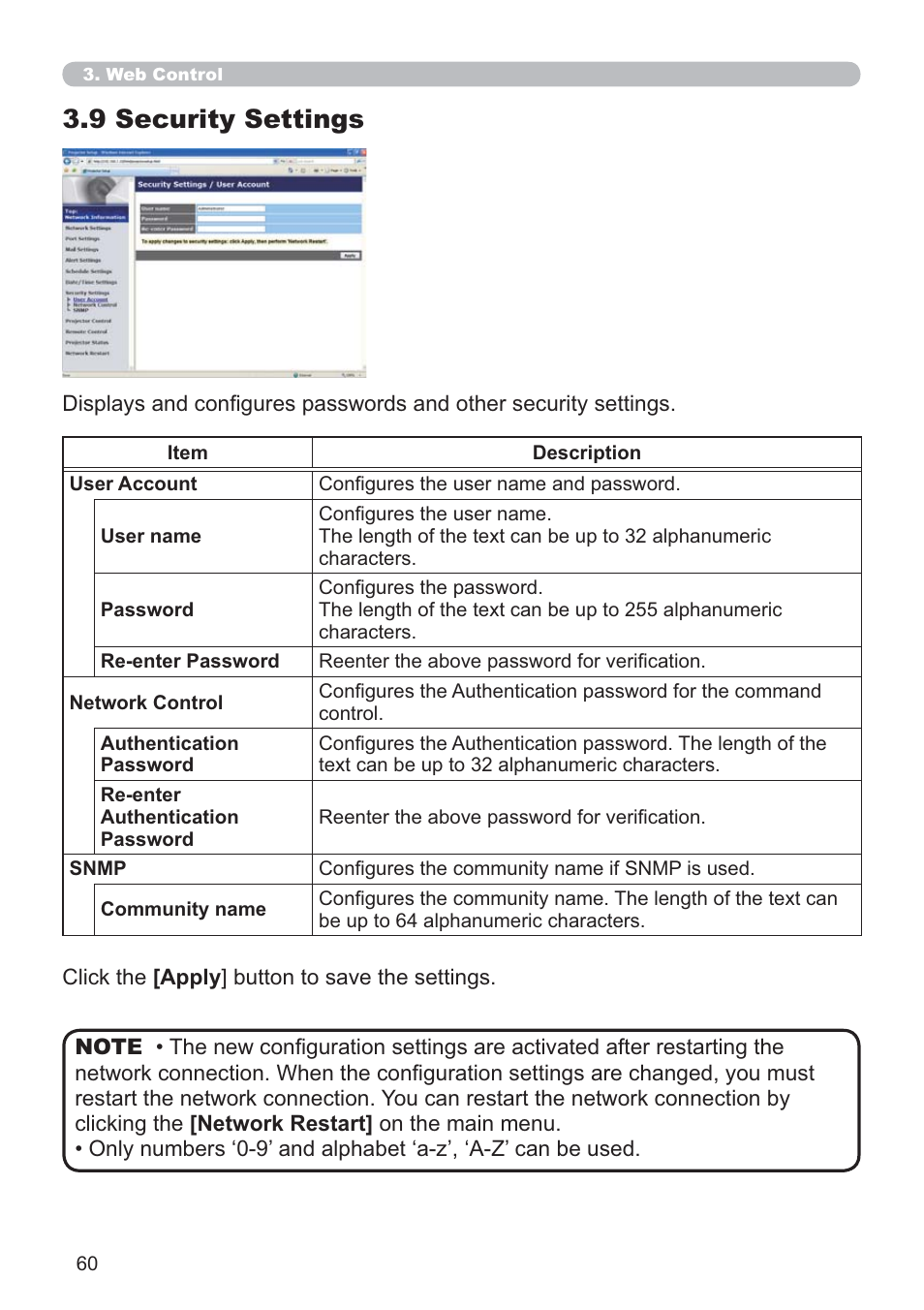 9 security settings | Dukane Data Video 8107HWI User Manual | Page 62 / 94