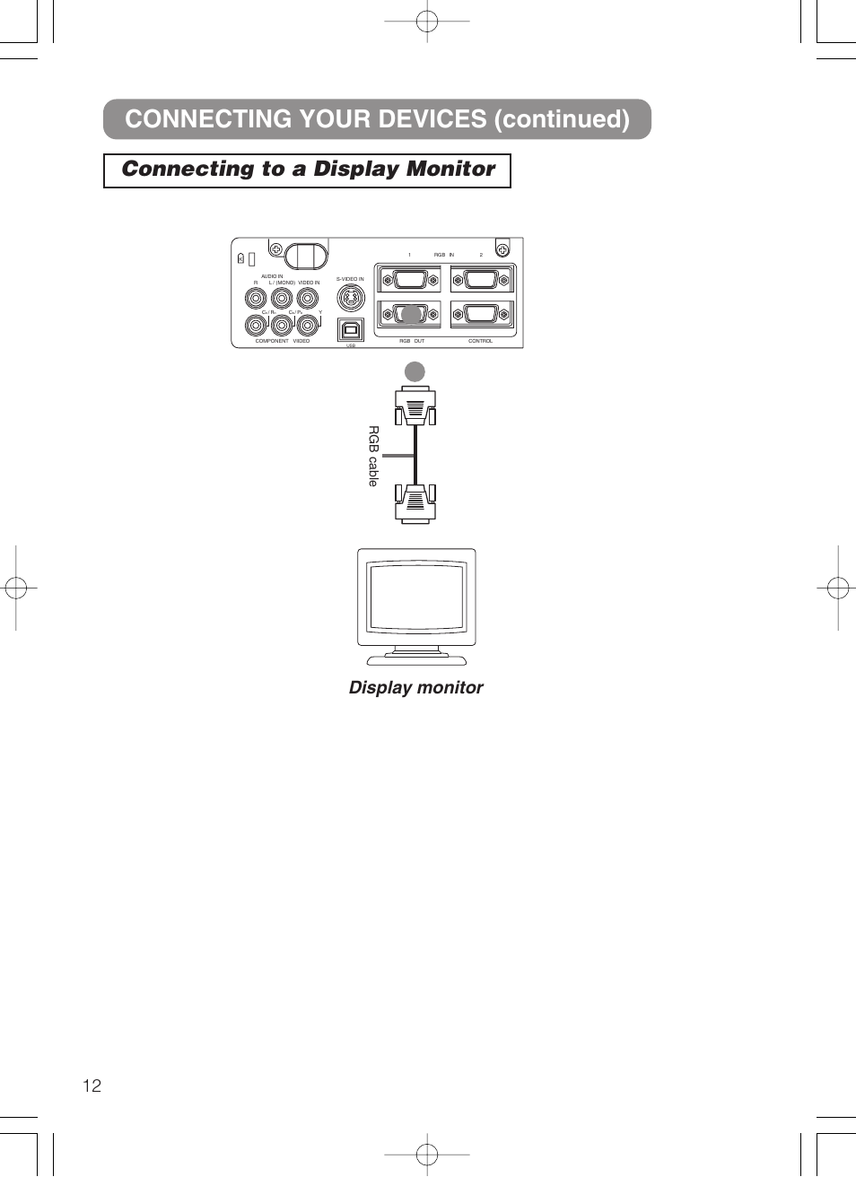 Connecting your devices (continued), Connecting to a display monitor, Display monitor | Rgb cable | Dukane 8062 User Manual | Page 13 / 60