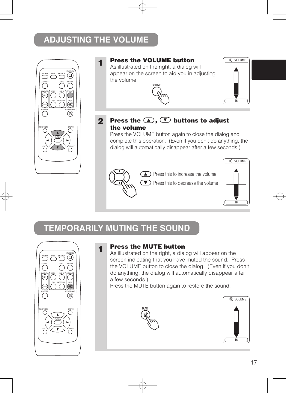 Adjusting the volume temporarily muting the sound, Press the volume button, Press the mute button | Press the , buttons to adjust the volume | Dukane 8062 User Manual | Page 18 / 60