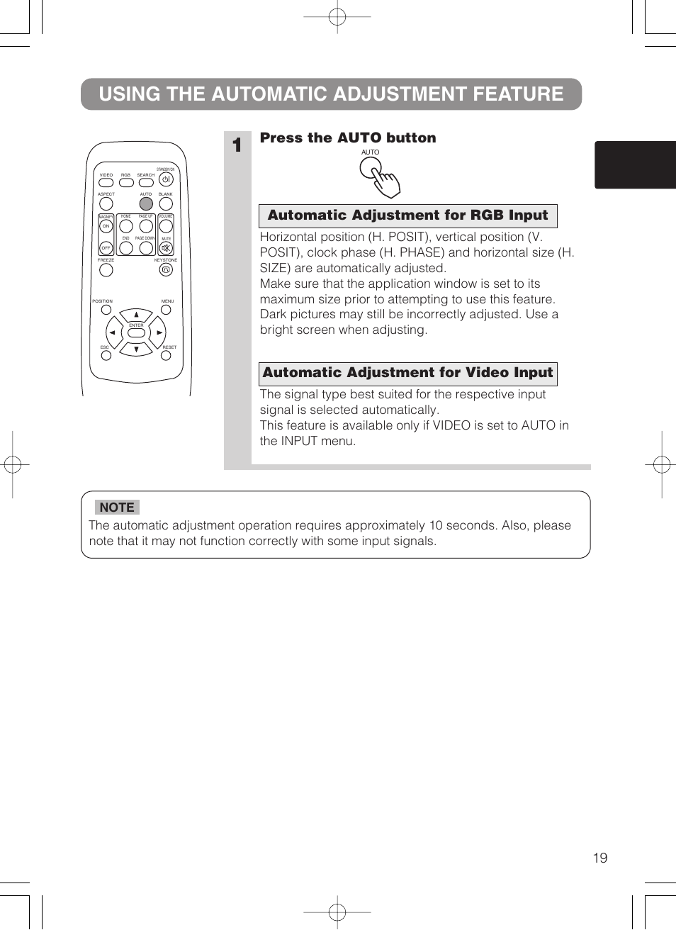 1using the automatic adjustment feature, Press the auto button | Dukane 8062 User Manual | Page 20 / 60